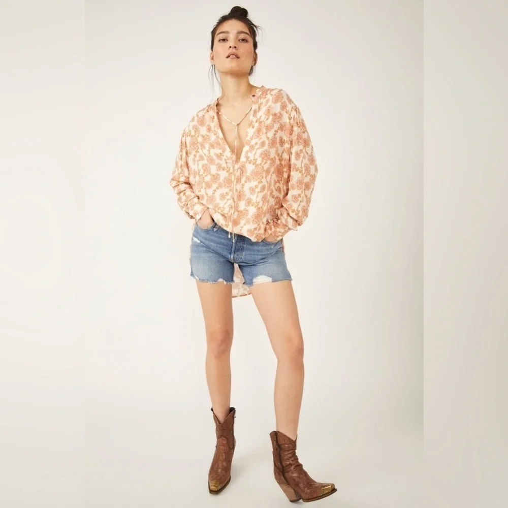 Free People Mia Floral tie neck tunic top size small